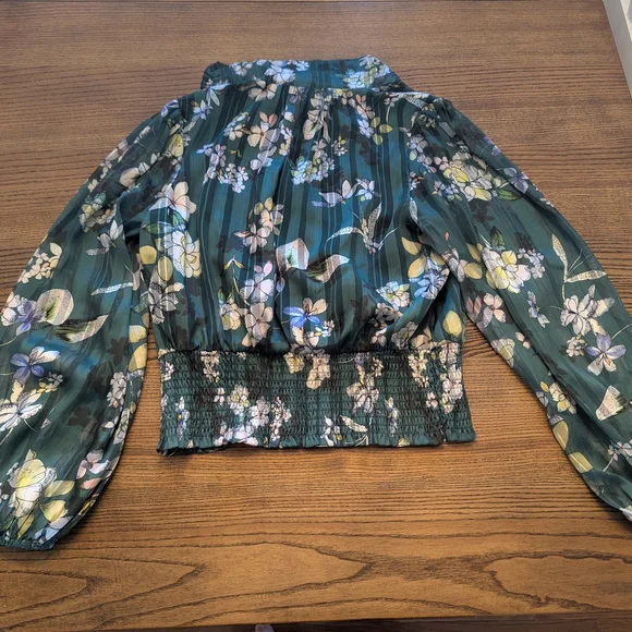 EUC Greylin Anthropologie womens medium Estelle tie neck blouse green floral - Picture 8 of 8